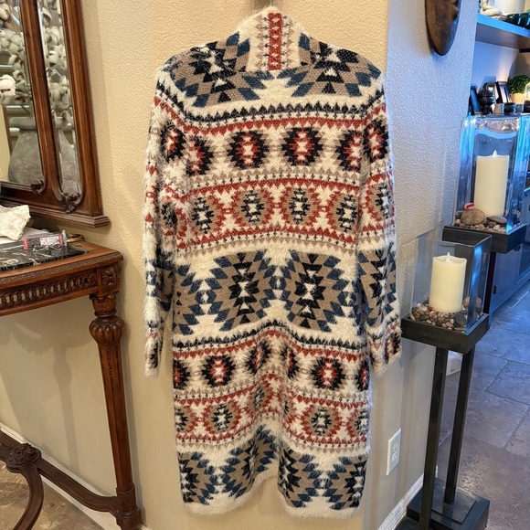 SHYANNE Aztec Western Cowboy Multicolor Pattern Long Fuzzy Cardigan Size Large - Picture 4 of 10